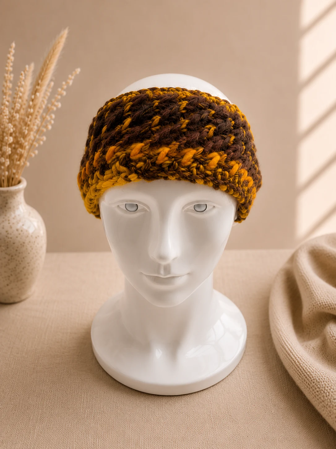 Handgestricktes Stirnband, Modell HM-01, auf einer Produktpräsentation.