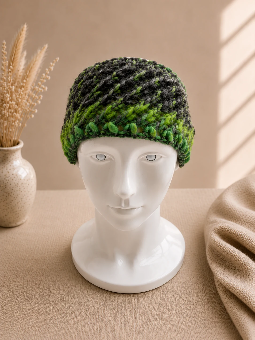 Handgestricktes Stirnband, Modell HM-02, auf einer Produktpräsentation.