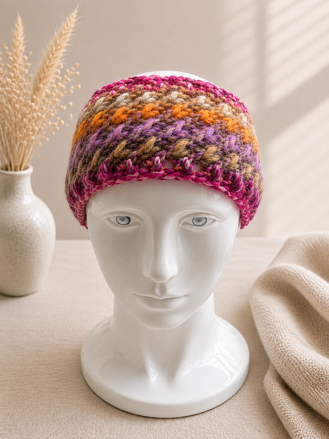Handgestricktes Stirnband, Modell HM-04, auf einer Produktpräsentation.