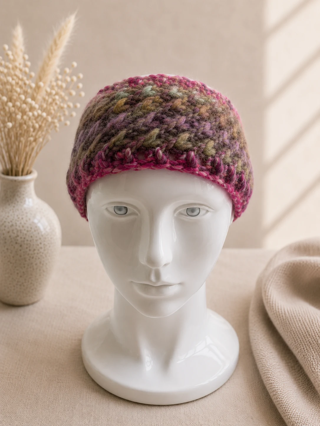 Handgestricktes Stirnband, Modell HM-06, auf einer Produktpräsentation.