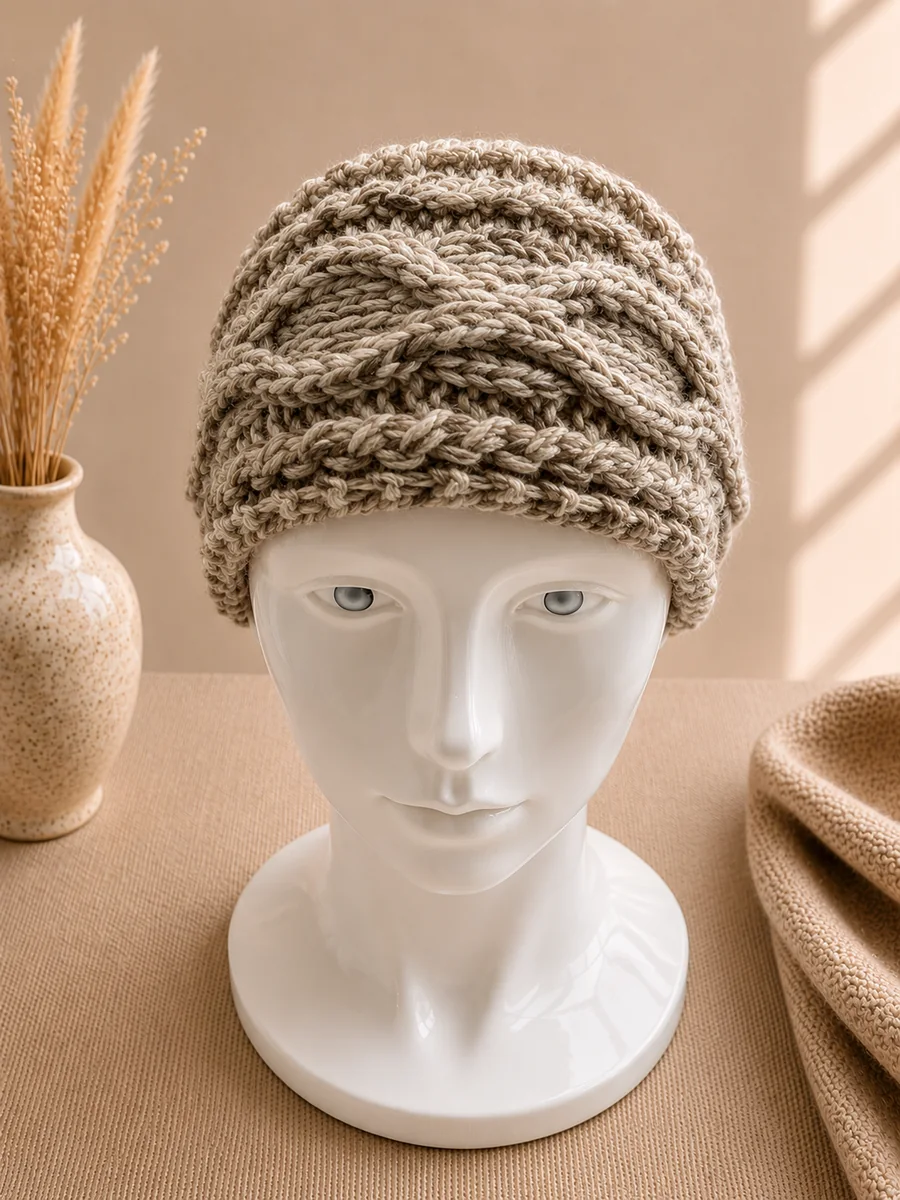 Handgestricktes Stirnband, Modell GM-01, auf einer Produktpräsentation.