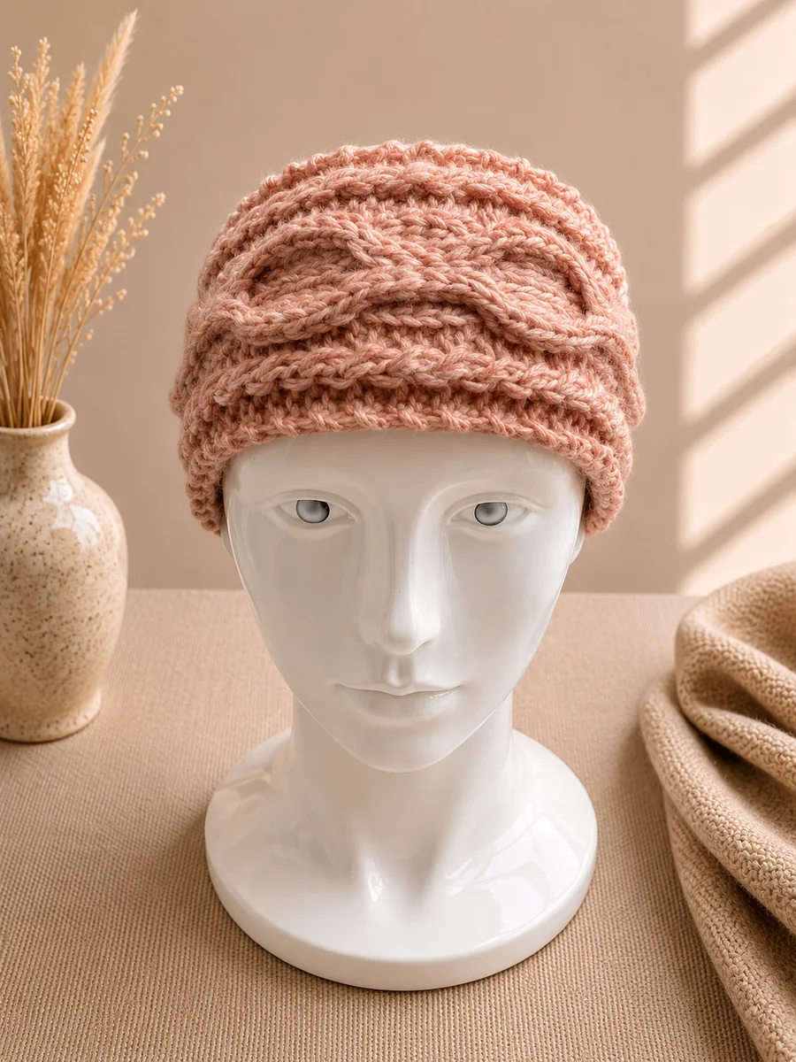 Handgestricktes Stirnband, Modell GM-02, auf einer Produktpräsentation.