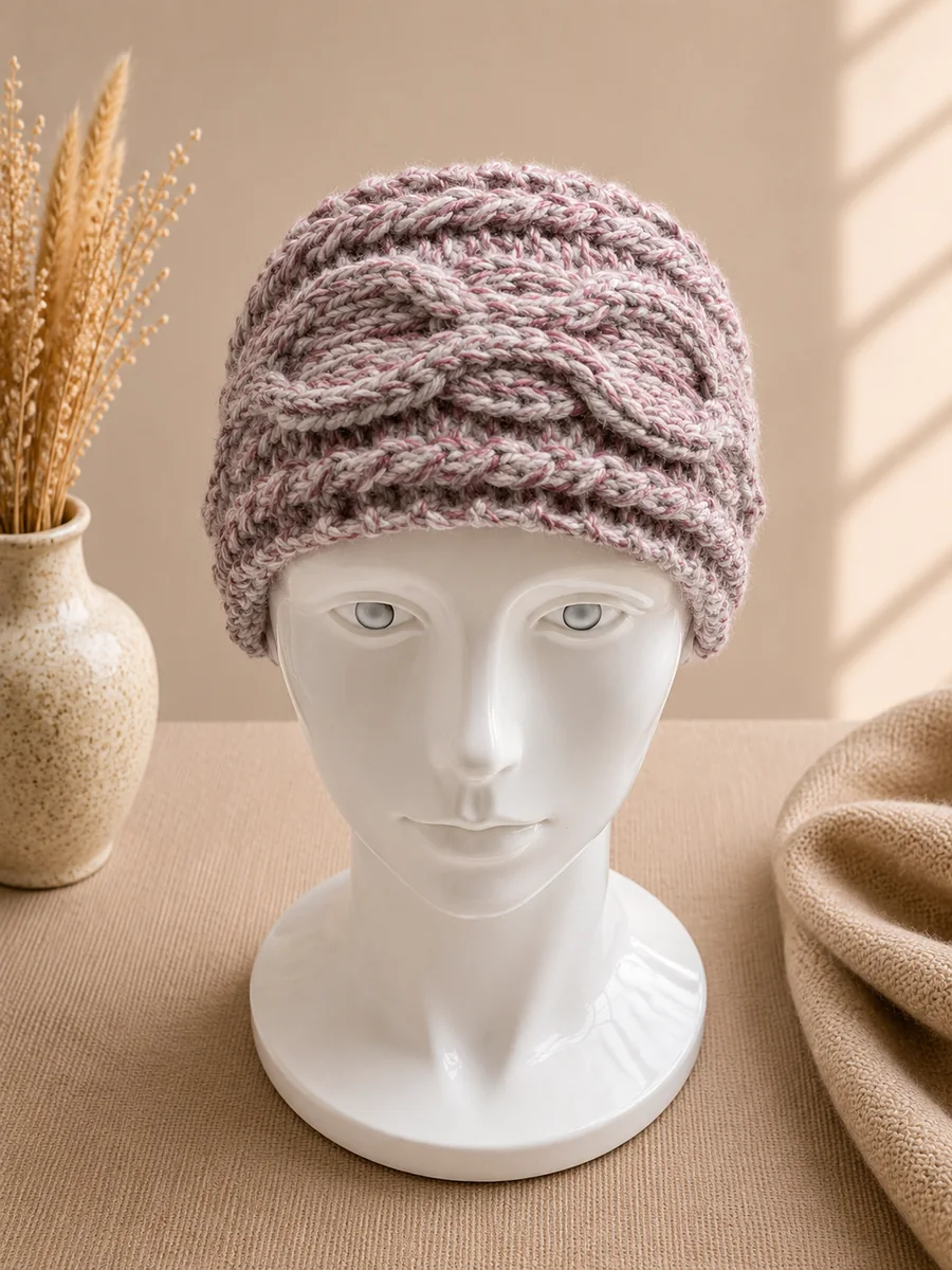 Handgestricktes Stirnband, Modell GM-03, auf einer Produktpräsentation.