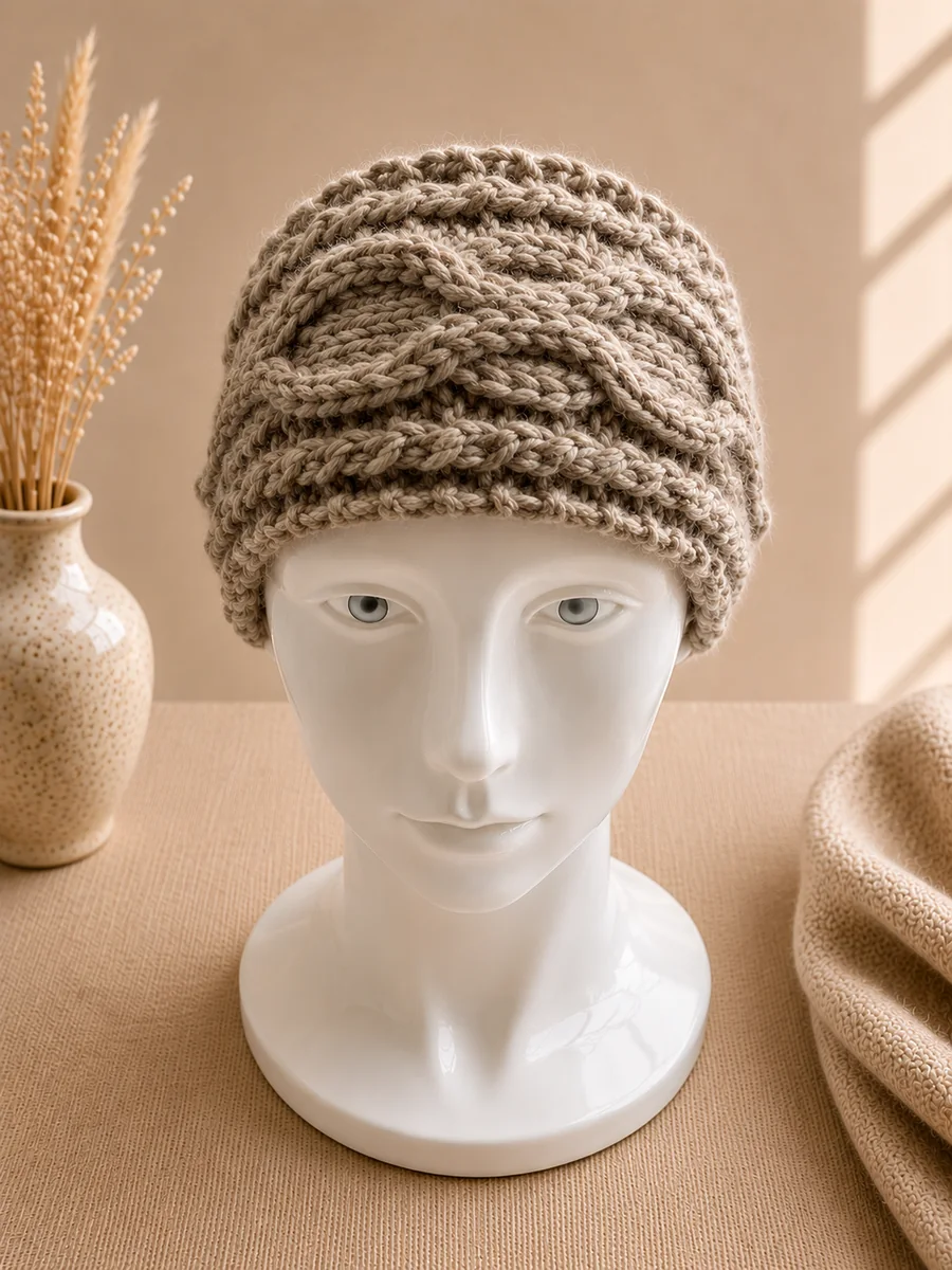 Handgestricktes Stirnband, Modell GM-05, auf einer Produktpräsentation.