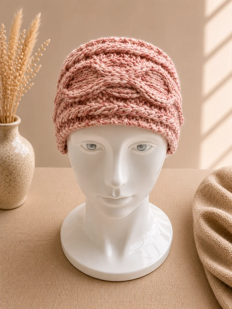 Handgestricktes Stirnband, Modell GM-06, auf einer Produktpräsentation.