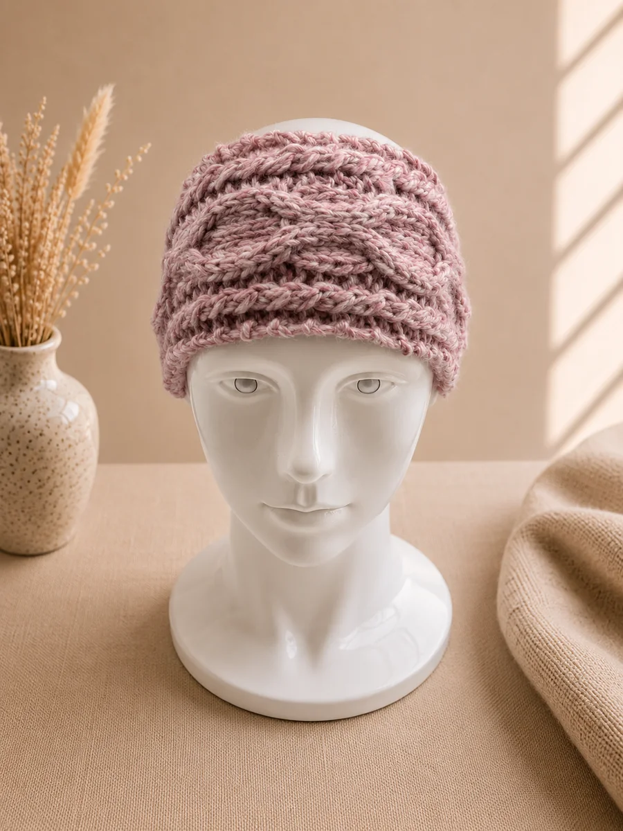 Handgestricktes Stirnband, Modell GM-07, auf einer Produktpräsentation.