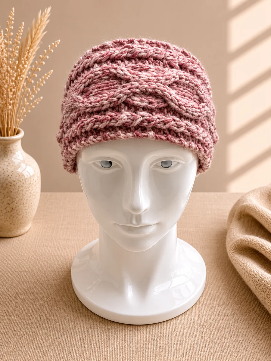 Handgestricktes Stirnband, Modell GM-08, auf einer Produktpräsentation.