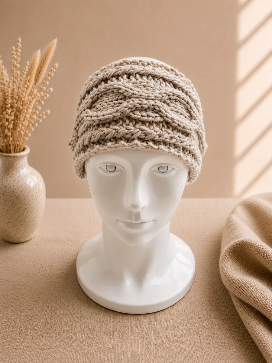 Handgestricktes Stirnband, Modell GM-09, auf einer Produktpräsentation.