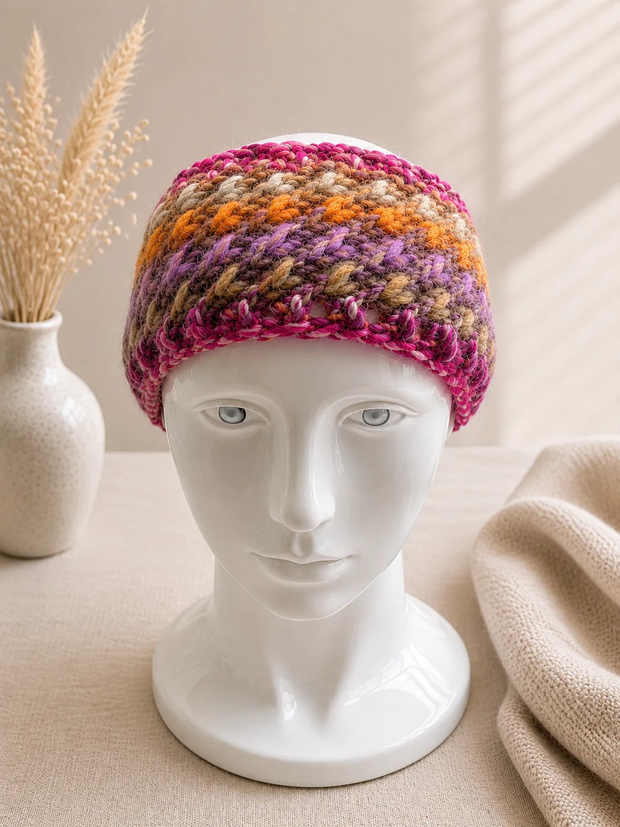 Handgestricktes Stirnband, Modell GM-15, auf einer Produktpräsentation.