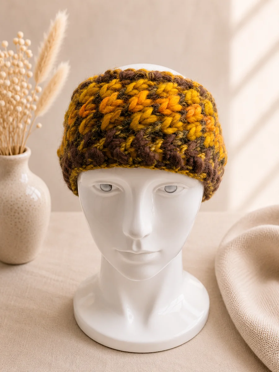 Handgestricktes Stirnband, Modell GM-16, auf einer Produktpräsentation.
