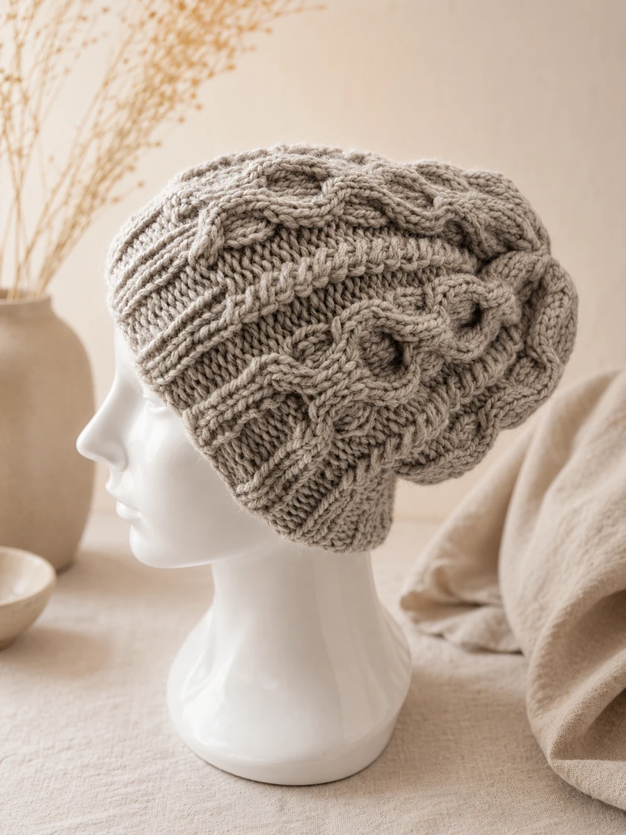 Handgestrickte Mütze in Grau, Modell GM-04.