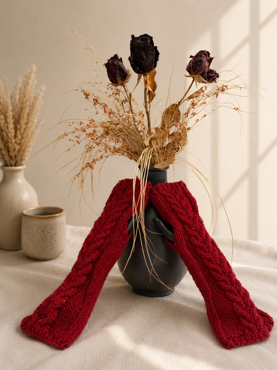 Handgestrickte Stulpen, Modell GT-09, auf einer Produktpräsentation.