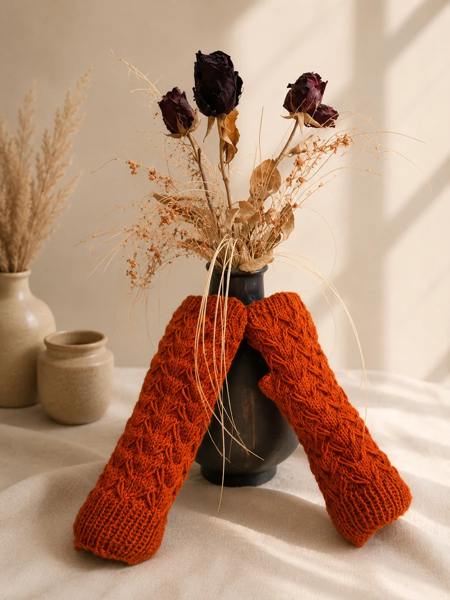 Handgestrickte Stulpen, Modell GT-24, auf einer Produktpräsentation.