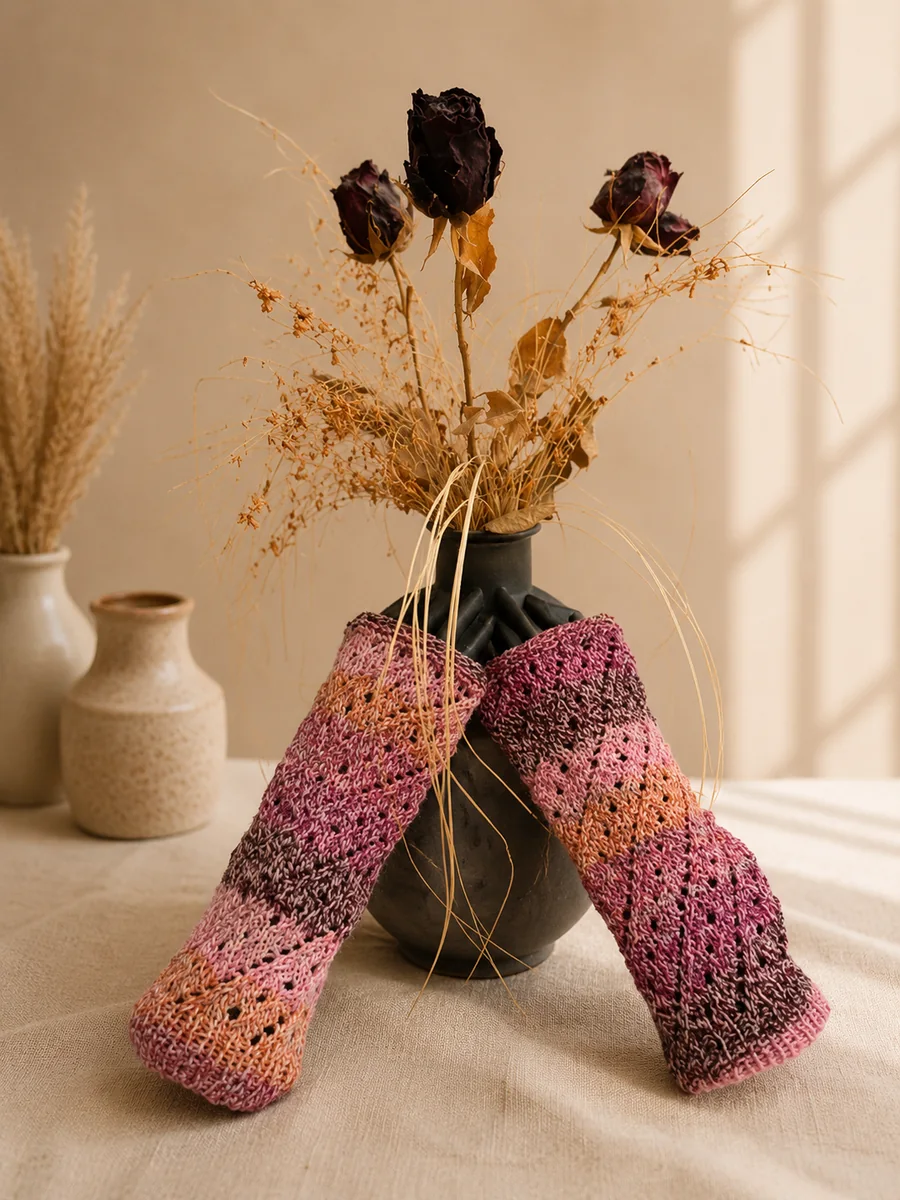 Handgestrickte Stulpen, Modell GT-01, auf einer Produktpräsentation.