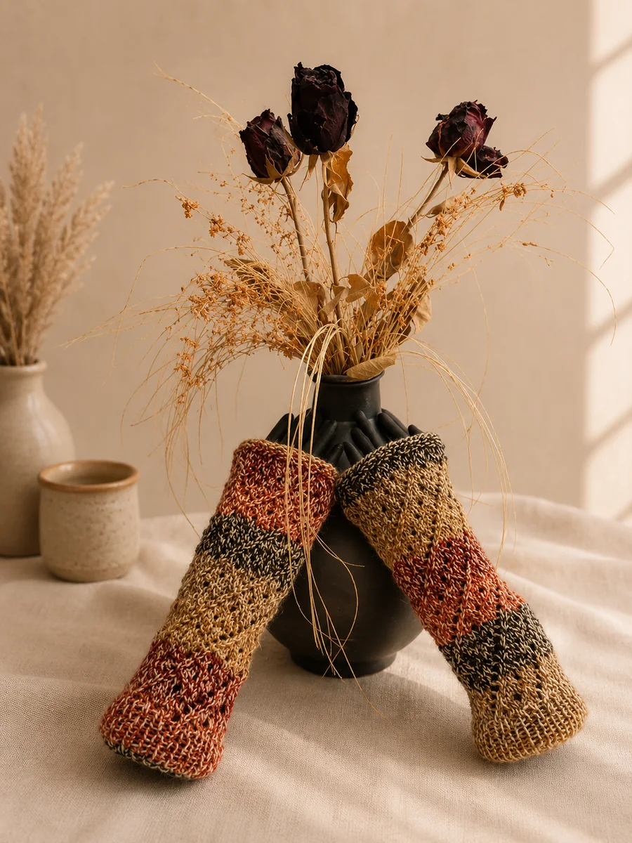 Handgestrickte Stulpen, Modell GT-12, auf einer Produktpräsentation.