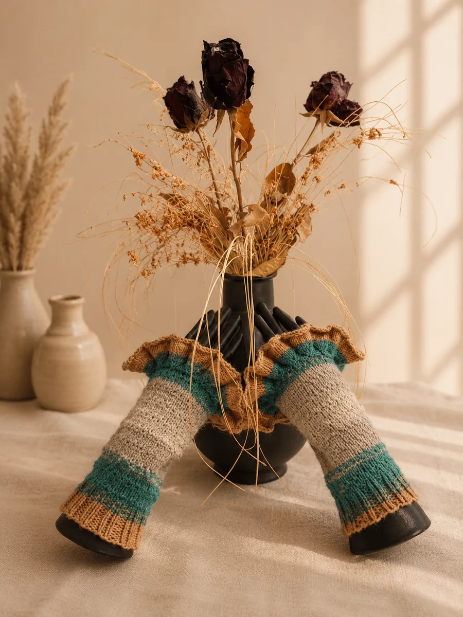 Handgestrickte Stulpen, Modell GT-20, auf einer Produktpräsentation.