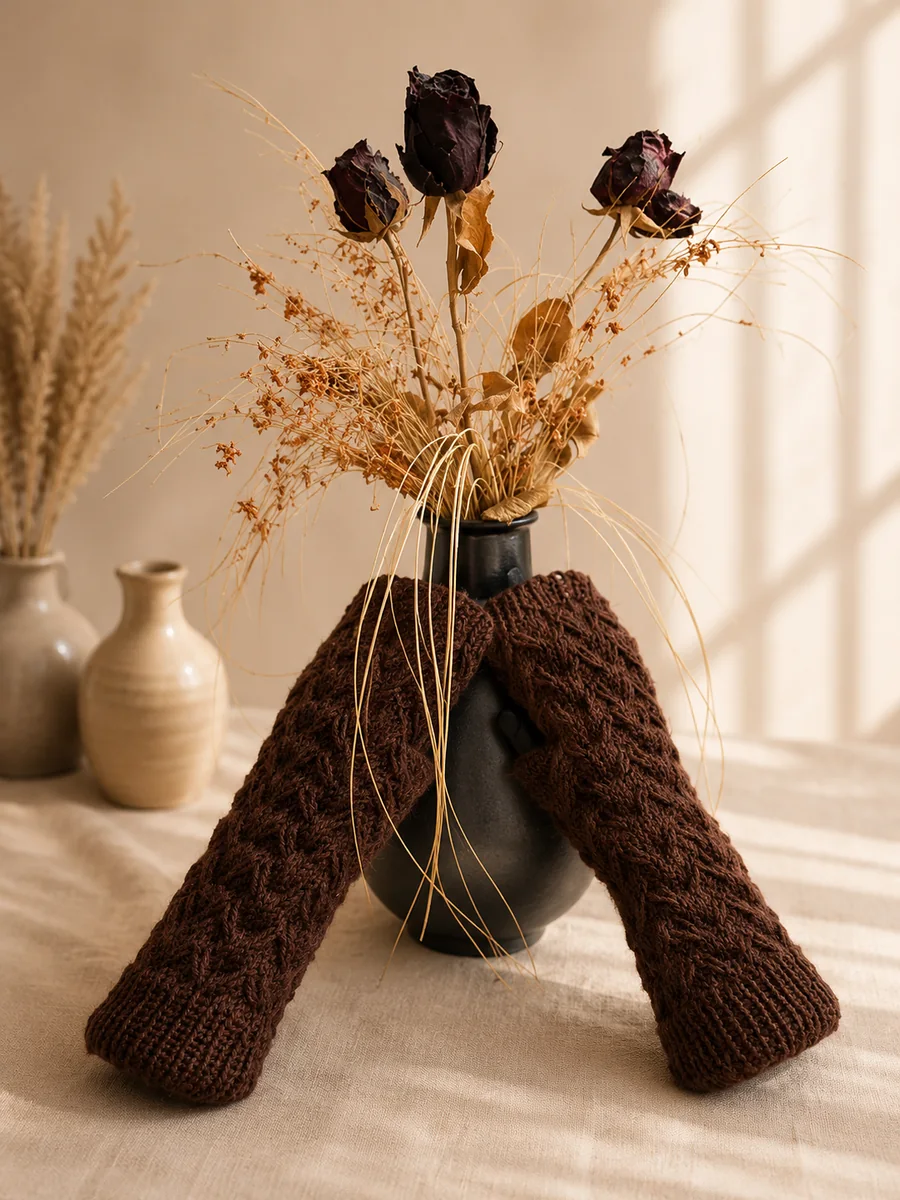 Handgestrickte Stulpen, Modell GT-19, auf einer Produktpräsentation.