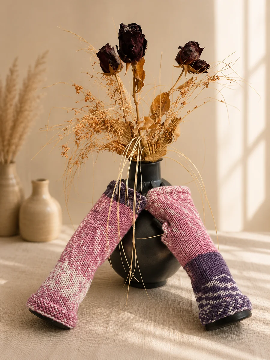 Handgestrickte Stulpen, Modell GT-17, auf einer Produktpräsentation.