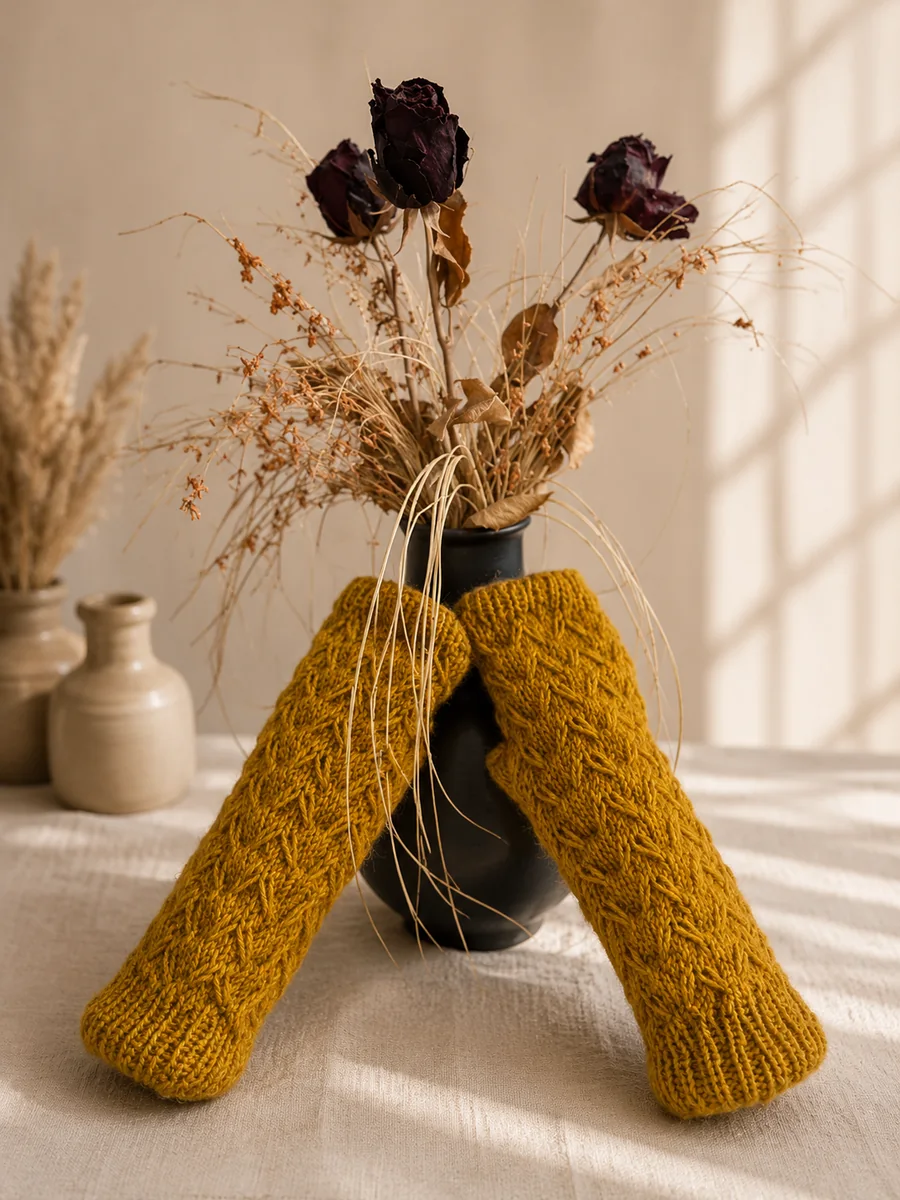Handgestrickte Stulpen, Modell GT-15, auf einer Produktpräsentation.
