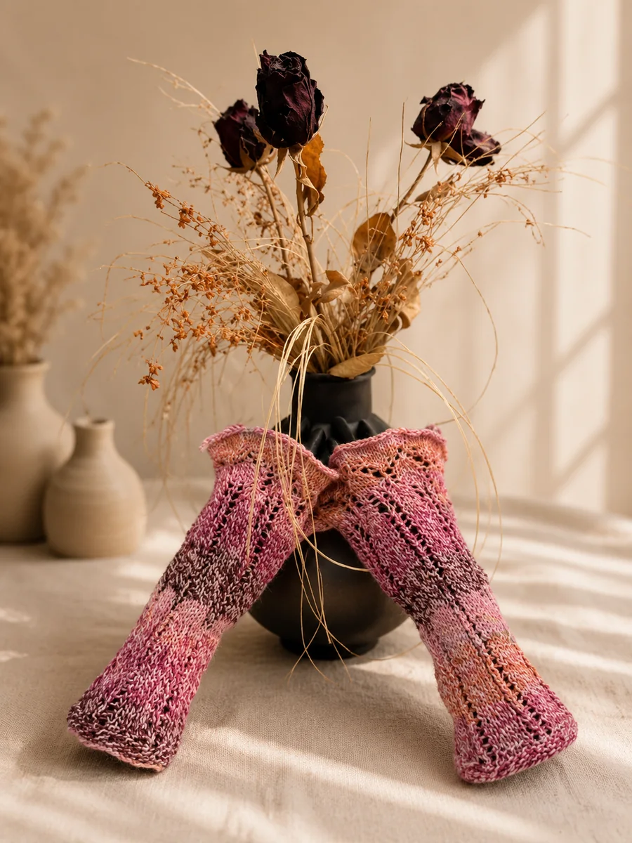 Handgestrickte Stulpen, Modell GT-13, auf einer Produktpräsentation.