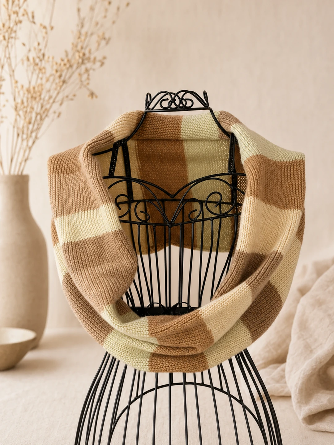 Handgestrickter Loop in Beige und Creme, Modell GS-02.