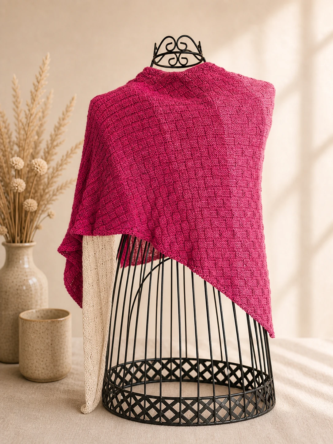 Handgestricktes Dreieckstuch, Modell GS-01, auf einer Produktpräsentation.