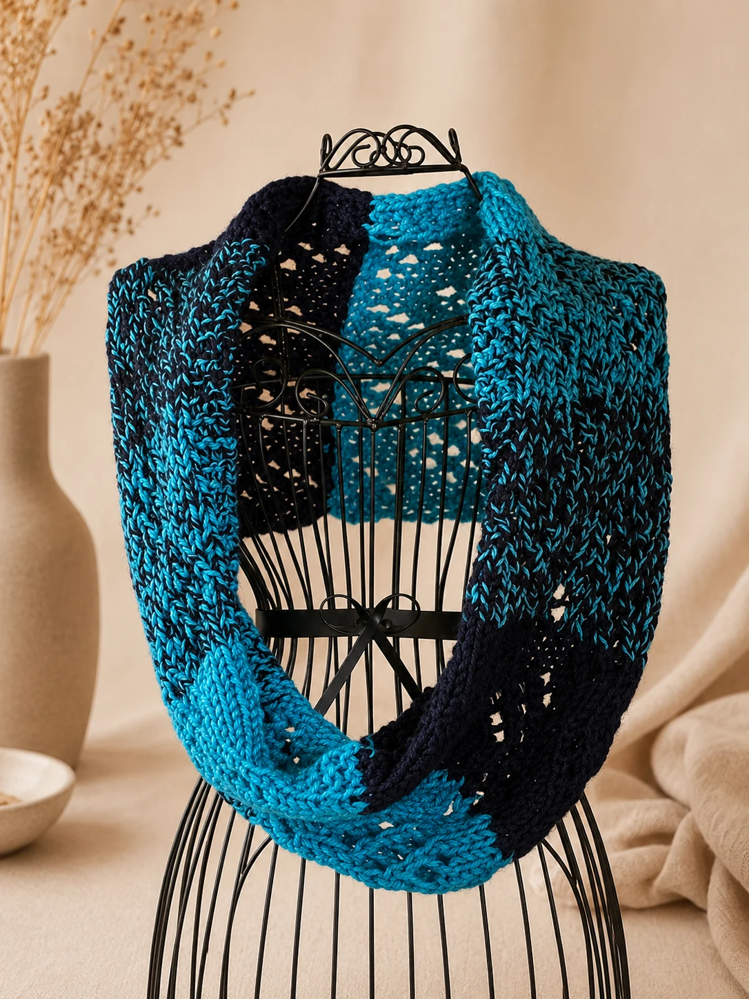 Handgestrickter Loop in Türkis und Schwarz, Produktfoto.