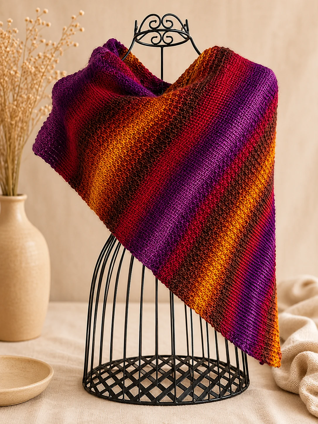 Handgestricktes Dreieckstuch, Modell GD-01, auf einer Produktpräsentation.