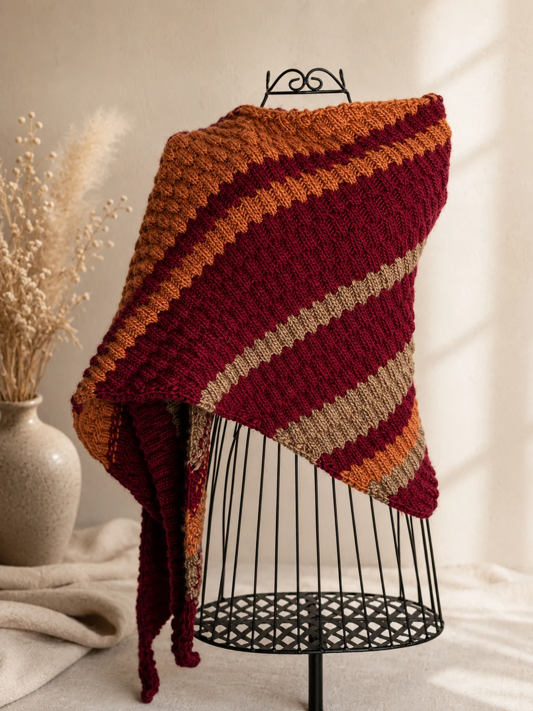 Handgestricktes Dreieckstuch, Modell GD-03, auf einer Produktpräsentation.