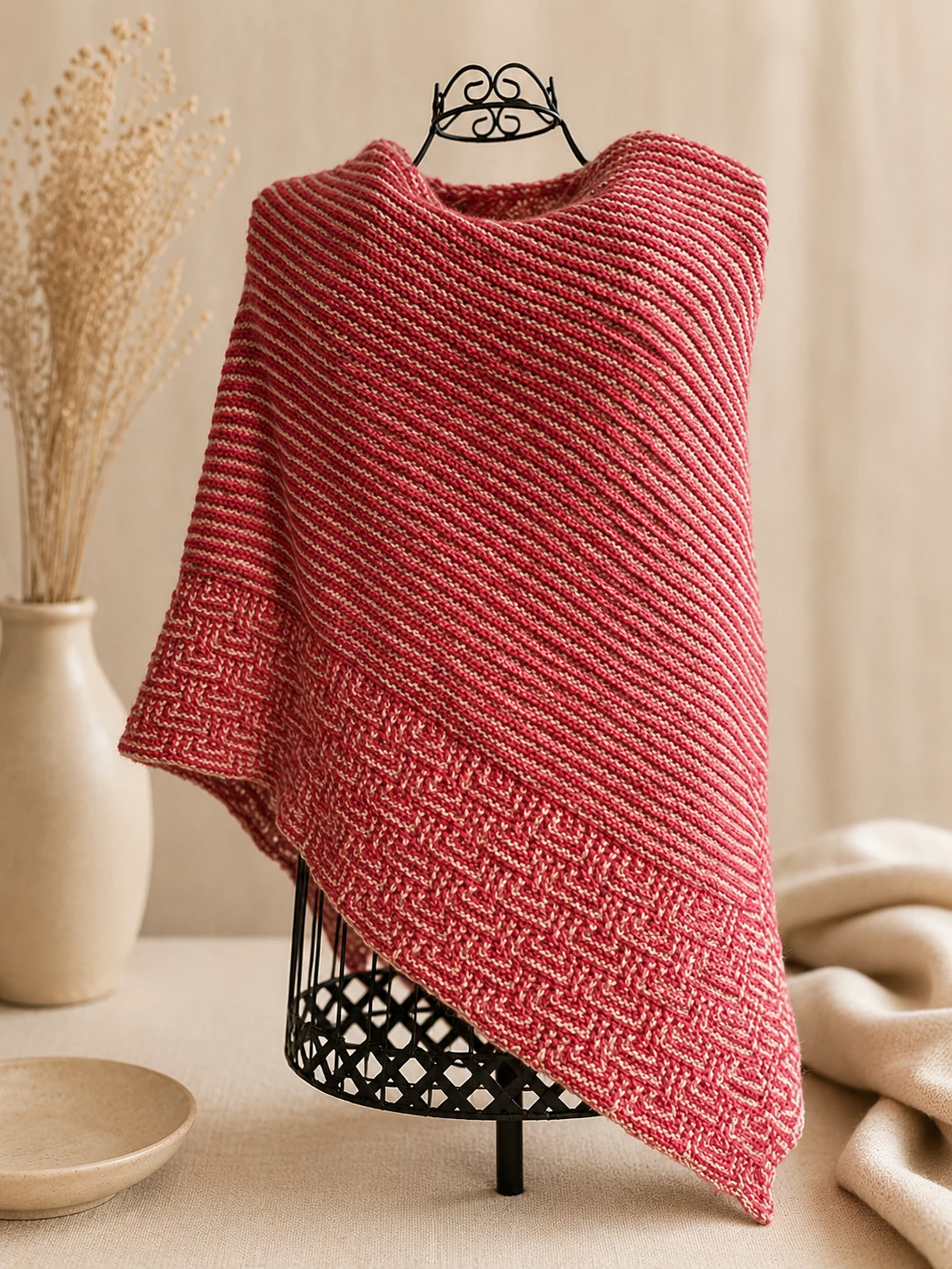 Handgestricktes Dreieckstuch, Modell GD-04, auf einer Produktpräsentation.