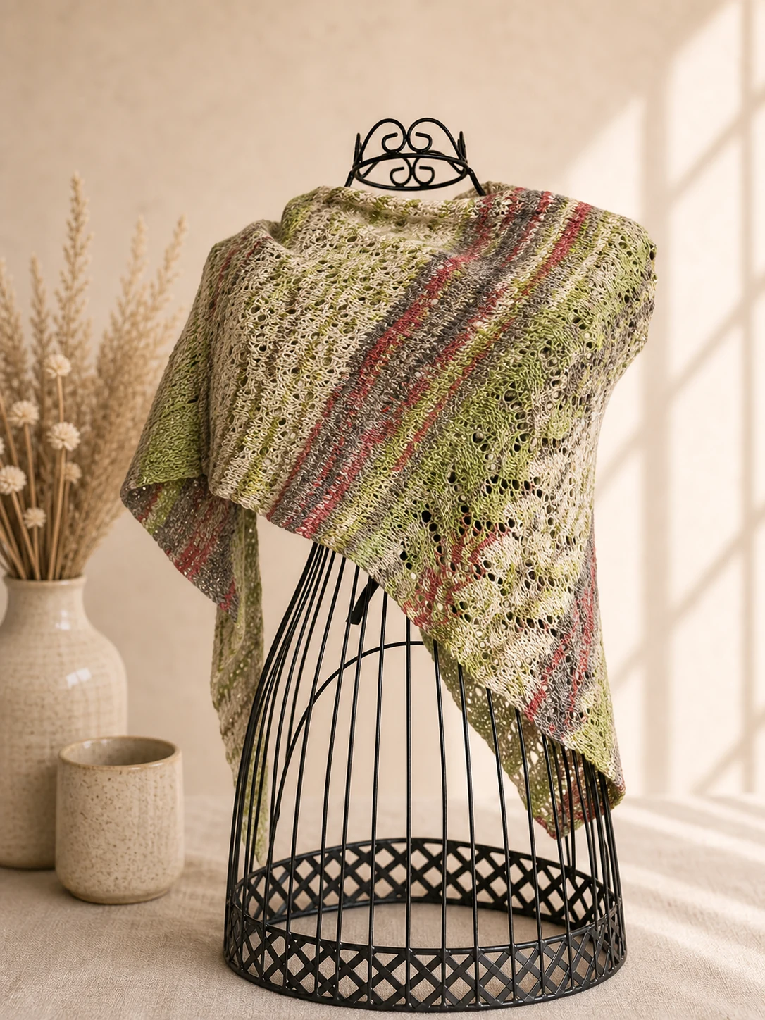 Handgestricktes Dreieckstuch in Grün und Creme, Produktfoto.