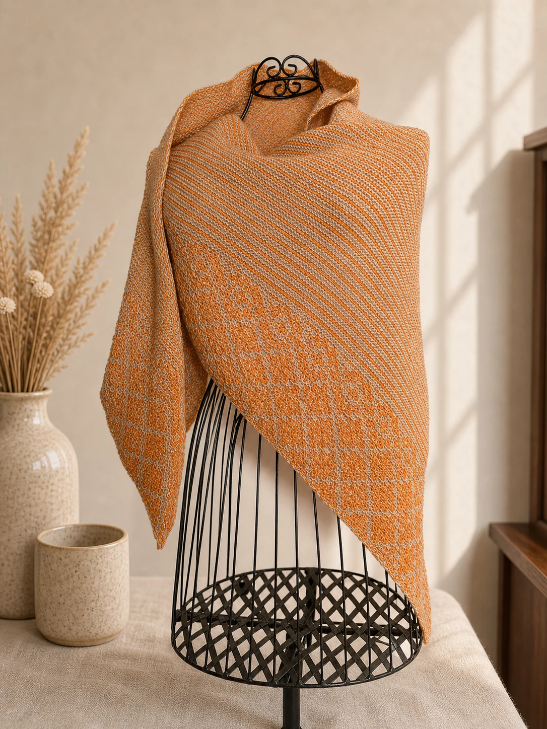 Handgestricktes Dreieckstuch in Orange, Produktfoto.