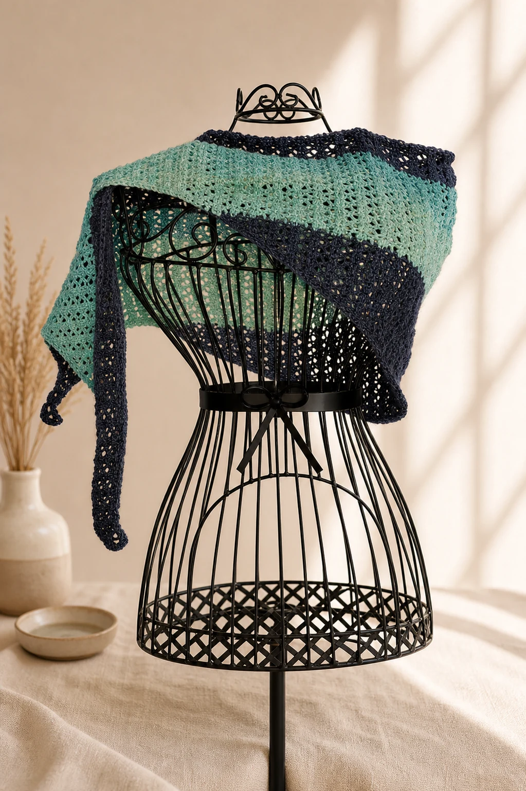 Handgestricktes Dreieckstuch, Modell GD-17, auf einer Produktpräsentation.