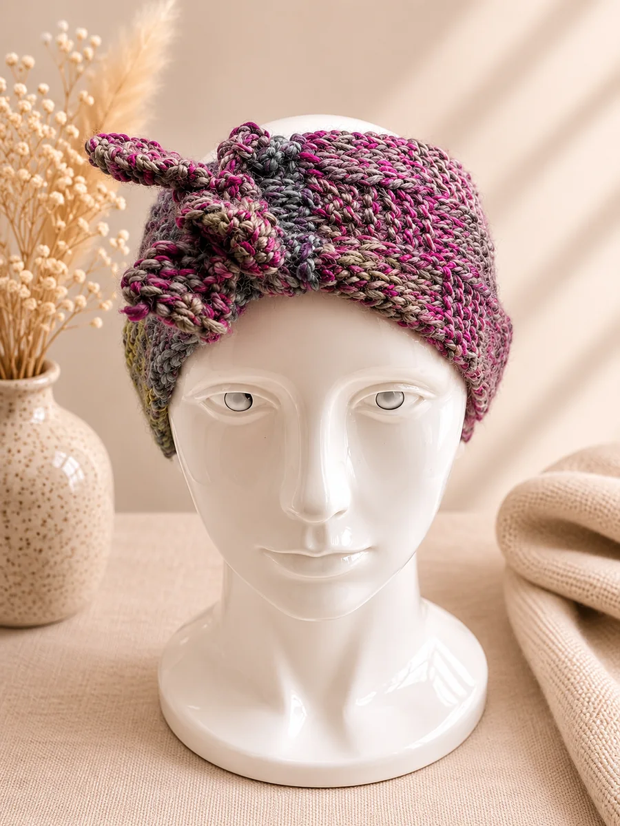Handgestricktes Stirnband, Modell GB-01, auf einer Produktpräsentation.