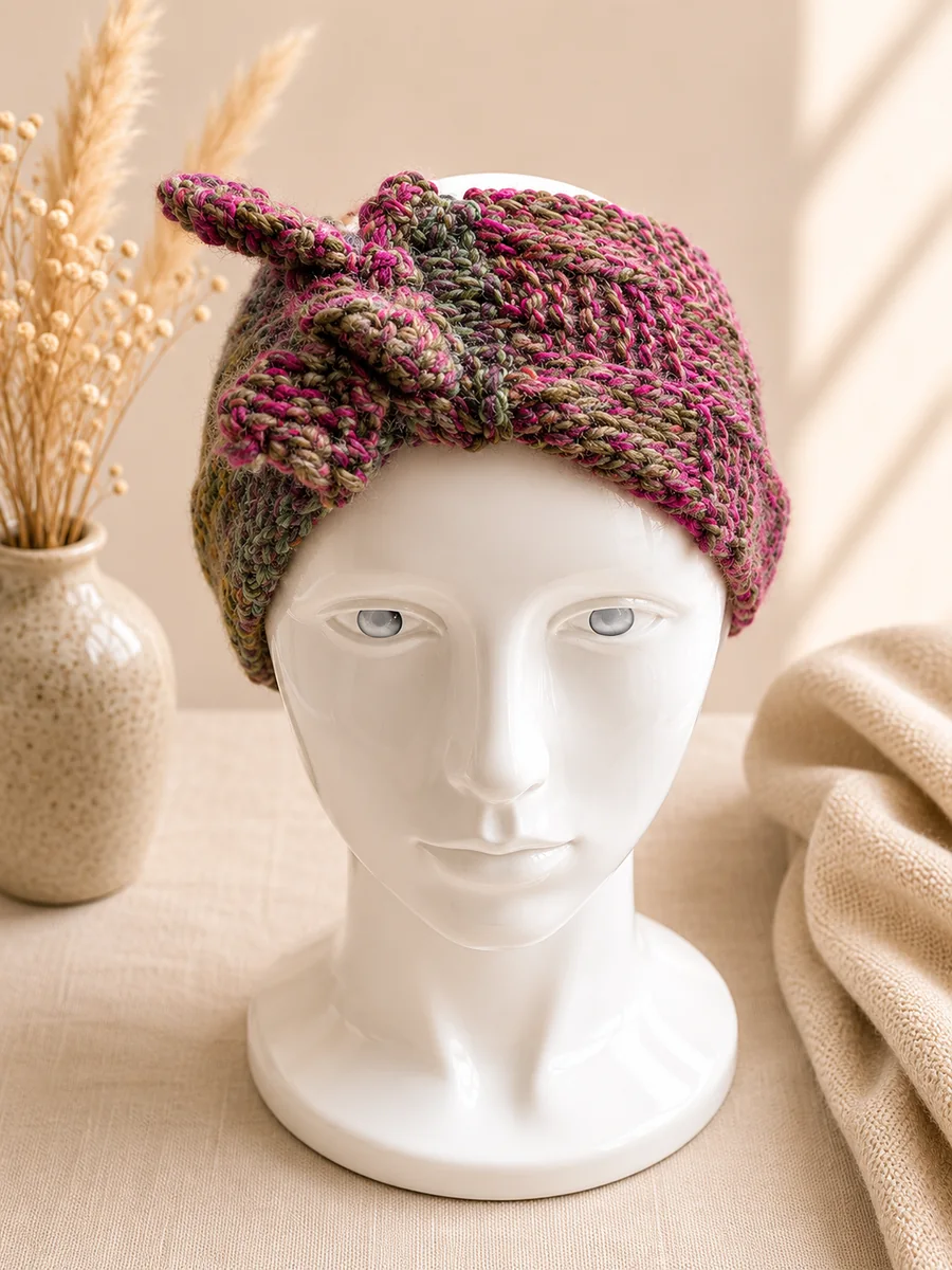 Handgestricktes Stirnband, Modell GB-14, auf einer Produktpräsentation.