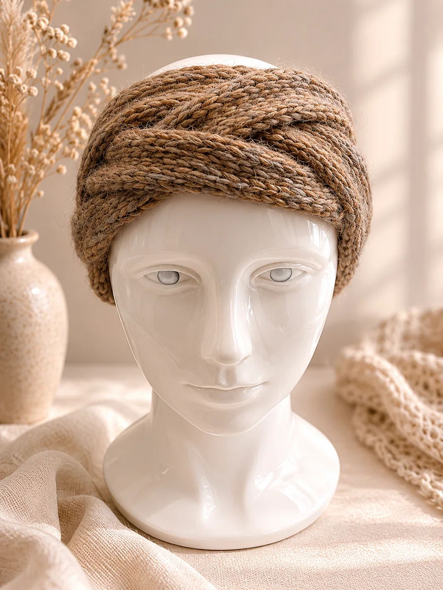 Handgestricktes Stirnband, Modell GB-16, auf einer Produktpräsentation.