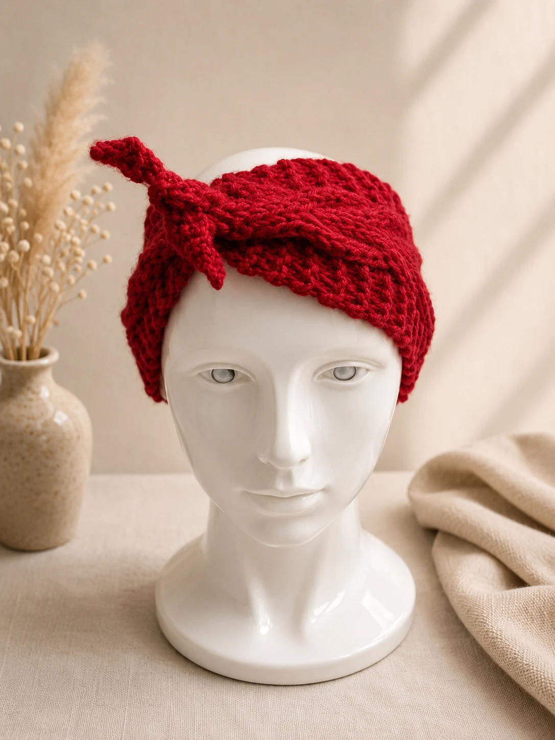 Handgestricktes Stirnband, Modell GB-10, auf einer Produktpräsentation.