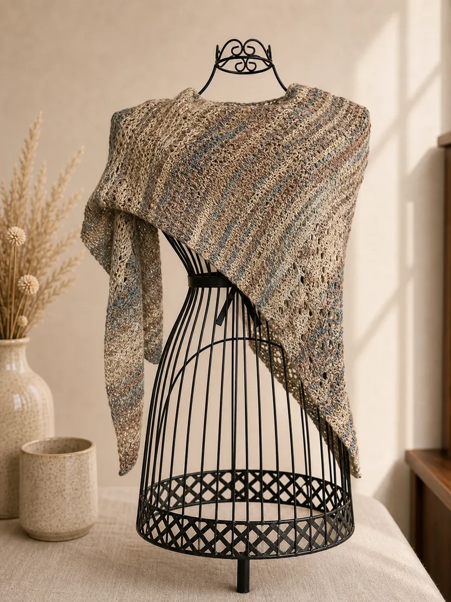 Handgestricktes Dreieckstuch in Beige-, Braun- und Grautönen, Modell GD-06.
